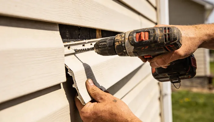 Close-up of a damaged siding plank being removed from a wall